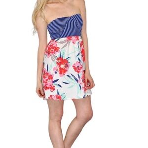 Roxy Strapless Blue and White Striped Floral  Mini Dress Size M